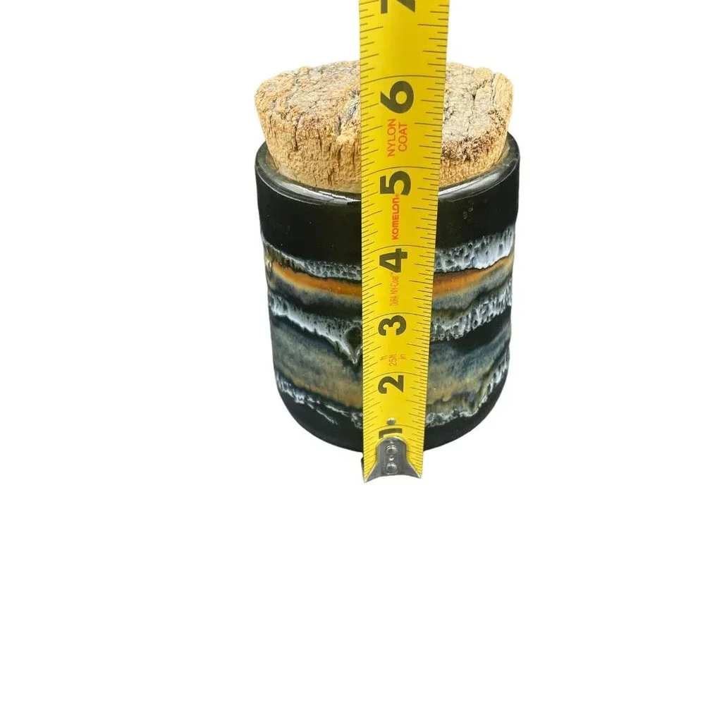 Studio Art Pottery Canister Jar With Cork Lid Black Beige Drip Glaze Glossy